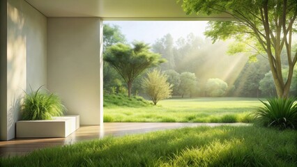 Obraz premium Serene Indoor-Outdoor Living Space Design Featuring Lush Greenery and Sunlight Streaming Through a Large Window