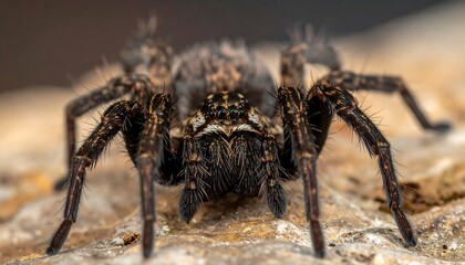 Macro shot showcasing a detailed wolf spider with hairy legs and intricate patterns on its body, perched on a textured stone