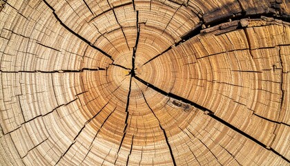 Macro shot of a tree stump's cut surface showing intricate growth rings and radial cracks, a close-up capturing the texture