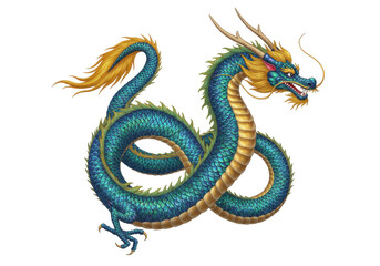 Fototapeta premium Isolated Chinese Dragon mythological creature with golden mane and teal scales, Asian symbol