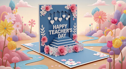 Elegant Floral Card for Happy Teacher’s Day: Blue Theme and Delicate Flowers