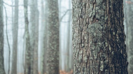 Fototapeta premium Symmetrical Serene Forest Scene Tree Bark Textures Misty Soft-Focus Background - Natural Peaceful Ecosystem
