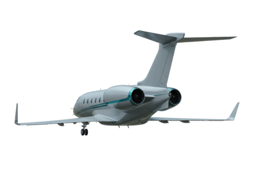 Isolated business jet, private aviation, passenger plane is seen from a low perspective angle