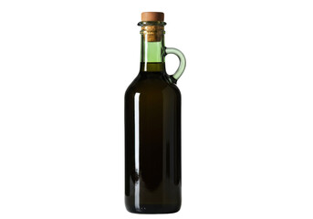 Isolated olive oil bottle with handle and cork, studio shot, on a neutral background