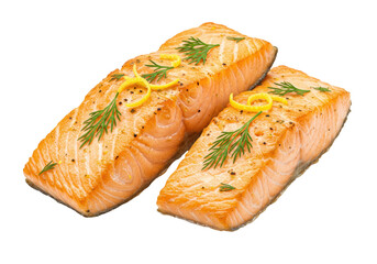 Isolated cooked salmon fillet with dill and lemon peel curls, healthy food and omega-3s