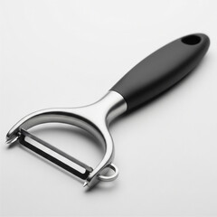 Obraz premium Modern stainless steel vegetable peeler isolated on a white background.