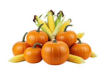Isolated group of autumn vegetables, pumpkin and corn, arrangement for Thanksgiving day