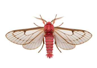 Isolated rosy maple moth close-up shows its wings spread on a neutral surface, bright wings
