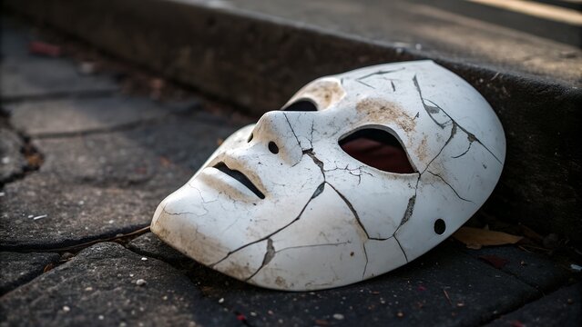 Cracked white mask lies on a dark textured surface