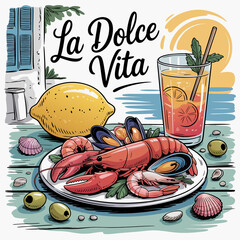 A vibrant illustration showcasing the essence of la dolce vita with fresh seafood, a refreshing cocktail, and a ripe lemon against a backdrop of the sea and a charming window