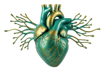 Isolated anatomical human heart sculpture in turquoise and gold with abstract branches