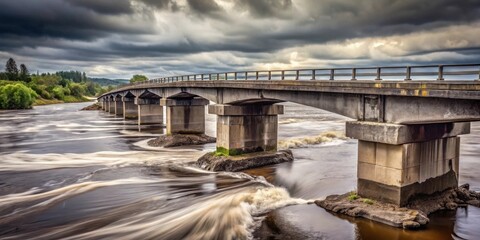 A sturdy concrete bridge arches gracefully over a rushing river, under a dramatic sky, showcasing the power of nature and the resilience of infrastructure.