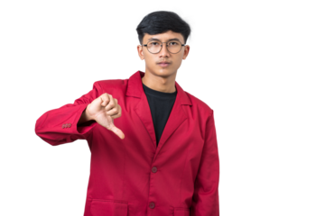 Upset disappointed college student giving thumbs down dislike gesture isolated on white background