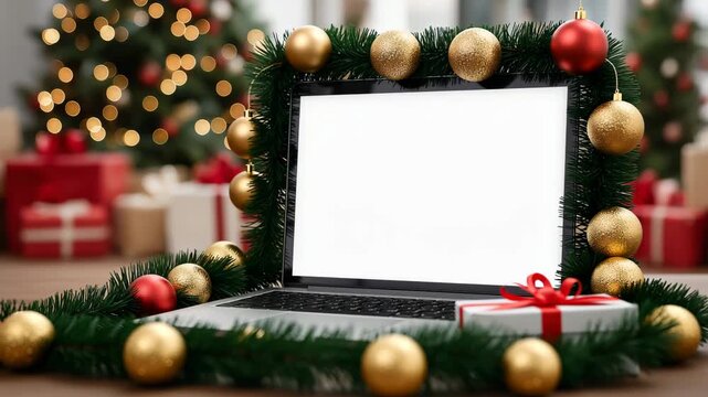 Front view of an open MacBook with a white screen, Christmas decorations around the laptop, a Christmas tree and presents in the background, with a bokeh effect and blurred background. 4k video