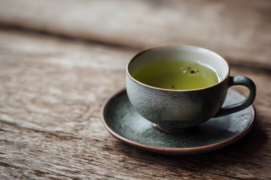 a cup of green tea on a saucer