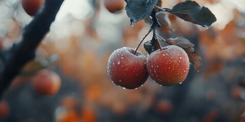 Fresh apples hanging on a tree branch. The vibrant colors and morning dew create a beautiful nature scene. Perfect for food or nature-related themes. Captures the essence of autumn. AI.
