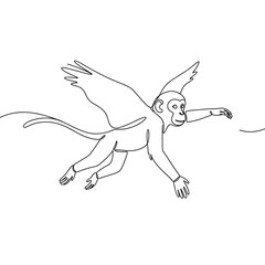Cartoon monkey flying with wings in a simple line drawing  