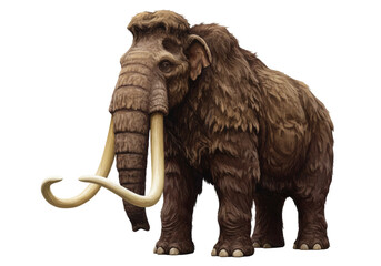 Isolated Woolly Mammoth large elephant relative with big curving tusks and shaggy fur