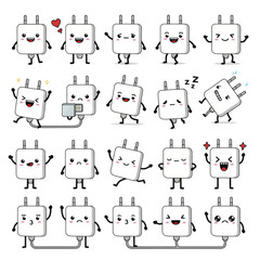 Cute electric plug character mascot set with various emotions and poses Cartoon power adapter collection.