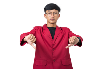 Upset disappointed college student giving thumbs down dislike gesture isolated on white background