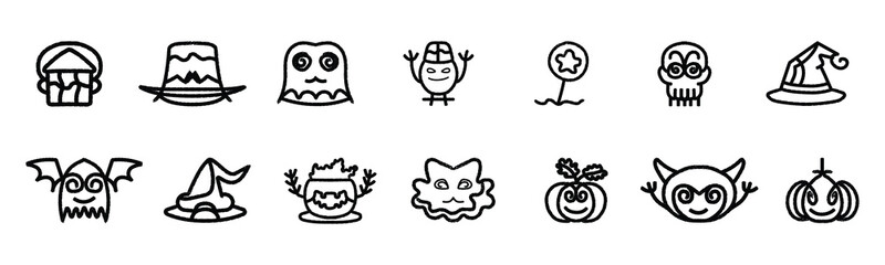 Hand drawn doodle style Halloween icons collection including haunted house, witch hat, ghost, lollipop and skull