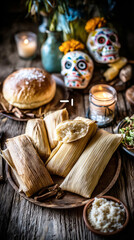 Families honor loved ones during Dia de los Muertos by sharing traditional dishes, including tamales and rice, surrounded by marigolds and candles for remembrance