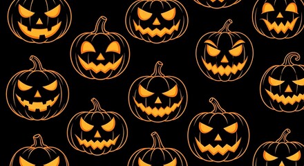 Seamless pattern of glowing jack-o’-lantern faces in neon orange on black background, spooky Halloween design.