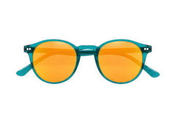 Isolated pair of modern-style sunglasses with teal blue frames and orange colored lenses