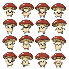 Set of cute mushroom cartoon characters with various poses and expressions.