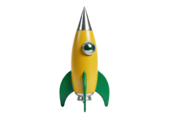 Isolated retro rocket ship with yellow body, silver top and green fins stands up alone