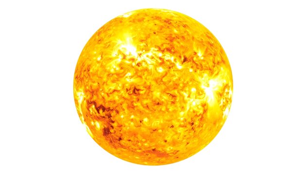 A vibrant, high-contrast depiction of our star, a large, radiant sphere against a white background. The surface displays intense activity