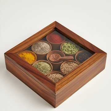 Traditional square wooden spice box (masala dabba) with a glass lid, isolated on white.