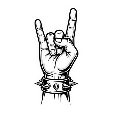 A hand in a spiked wristband making the rock horns sign