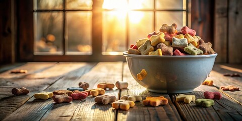 A bowl of colorful pet treats sits on a rustic wooden surface, bathed in warm sunlight streaming through a nearby window.
