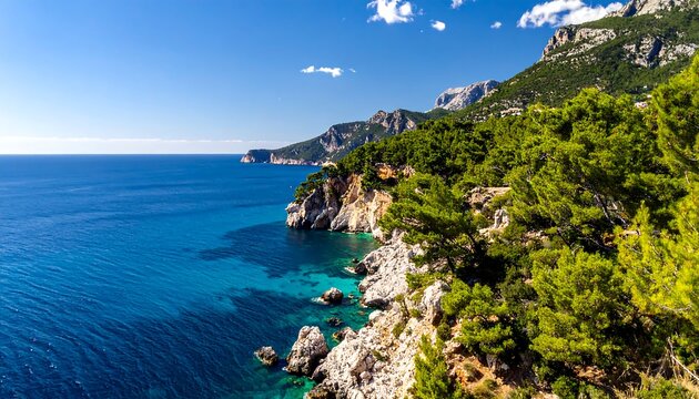 Panoramic coastal view, featuring cliffs, lush greenery, and vibrant turquoise sea under a clear, bright blue sky
