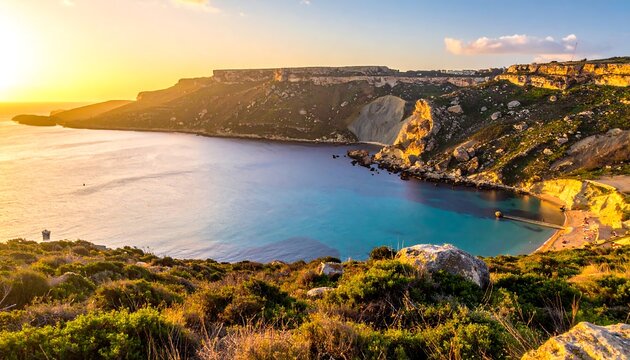 Panoramic shot of a coastline at sunset. The warm light highlights the cliffs and sea. Bushes frame the beautiful bay