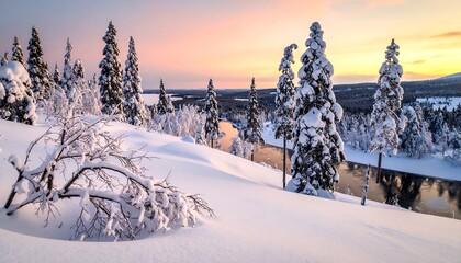 Panoramic view of a snowy landscape, a river winds through, dotted with snow-covered fir trees, under a pastel colored sky at dusk