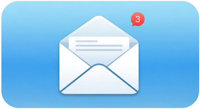 A blue envelope with a white letter inside, indicating new messages or notifications, isolated on white background a small red badge with the number 3 signifies unread items or alerts