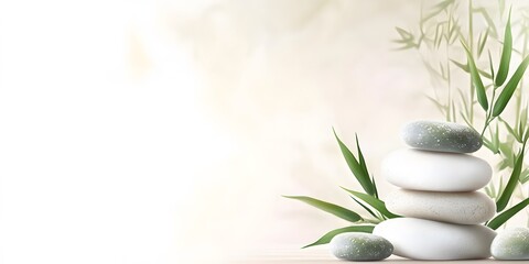 Fototapeta premium Stacked zen stones with green bamboo leaves for relaxation and wellness concept