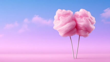 Fototapeta premium A pair of fluffy pink cotton candy sticks against a soft pastel backdrop, evoking a whimsical and nostalgic atmosphere.