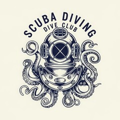An Octopus Entwined Around a Vintage Scuba Diving Helmet