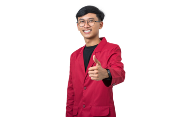 Smiling college student giving thumbs up like gesture isolated on white background