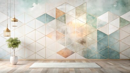 Obraz premium Serene Interior Design with Geometric Wall Art, Elegant Lighting, and Minimalist Plant Decor