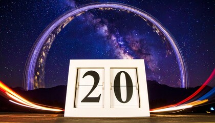 White calendar displaying "20" against a night sky with Milky Way and star trails