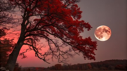 A red moon is in the sky above a tree with red leaves