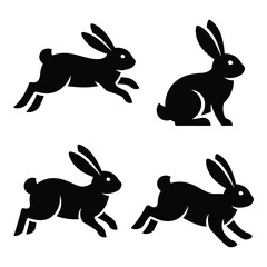 Four silhouettes of rabbits in motion capturing diverse poses ideal for spring easter and animal themed designs silhouette