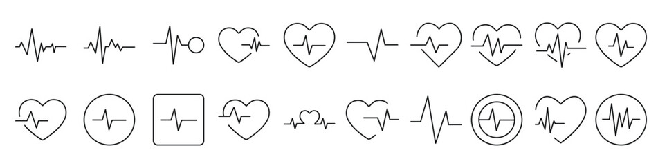 Pulse and Cardiogram Icon Set for UI, Placards, Books, Apps. Editable Stroke. Suitable for Web Sites, Books, Cards, Apps