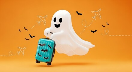 Smiling ghost with teal suitcase on orange background, fun Halloween travel concept.