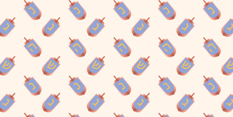 Seamless Hanukkah pattern with blue and red dreidels decorated with Hebrew letters. Repeating festive design for backgrounds, wrapping paper, textiles, posters and greeting cards. Vector illustration