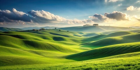 Obraz premium Serene Rolling Hills at Dawn A Panorama of Verdant Fields Under a Cloudy Sky